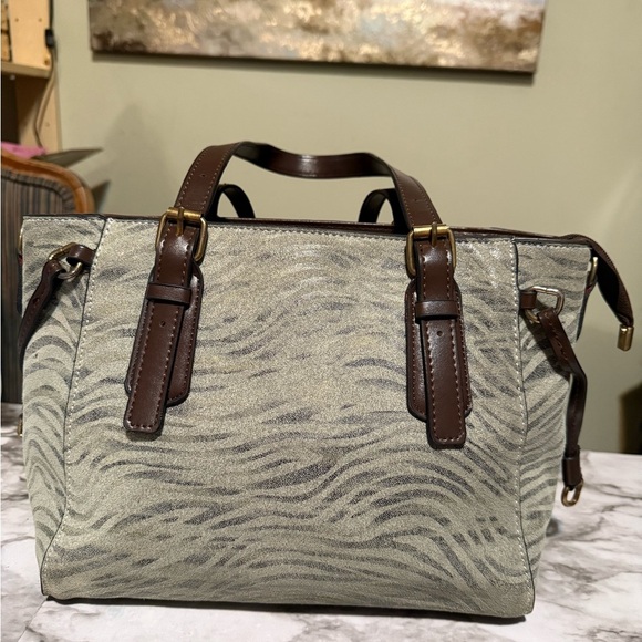 Gray and Brown Satchel with Structured Design and Leather Handles - Picture 1 of 9